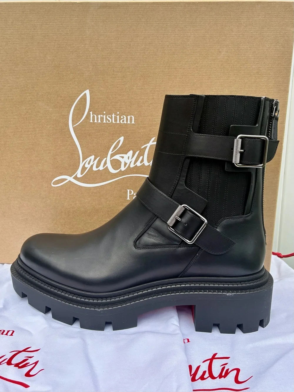 CHRISTIAN LOUBOUTIN OXYBOOTIE COLLEGE FLAT BLACK LEATHER ANKLE BOOTS SZ 44 NEW